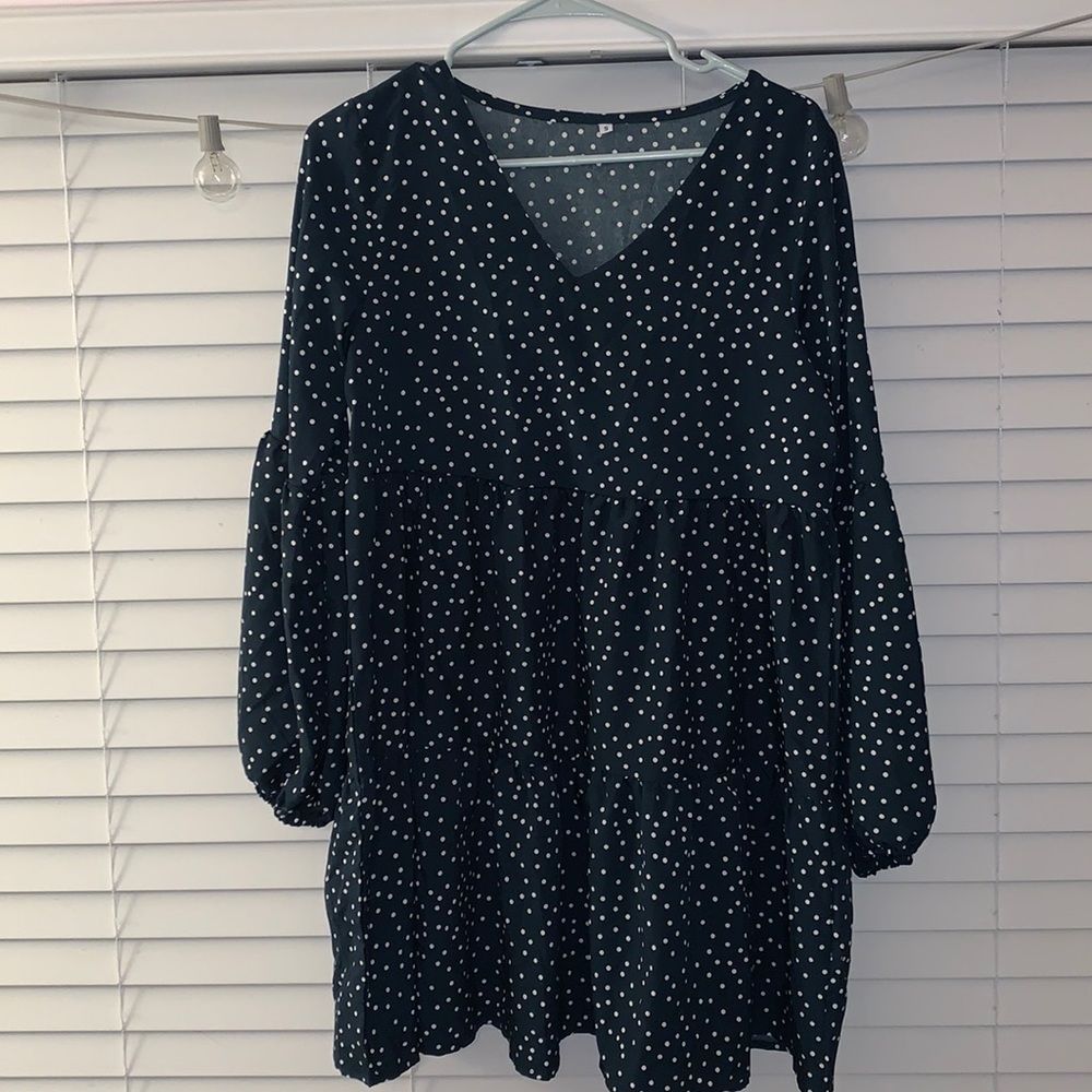 Blue ruffle dress with white polka dots